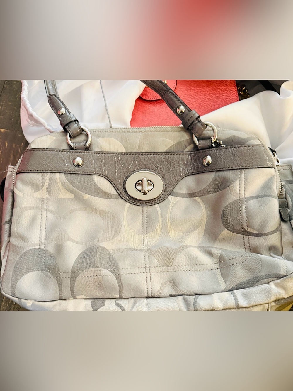 Coach Gray Signature Canvas Turnlock Tote with Leather Trim